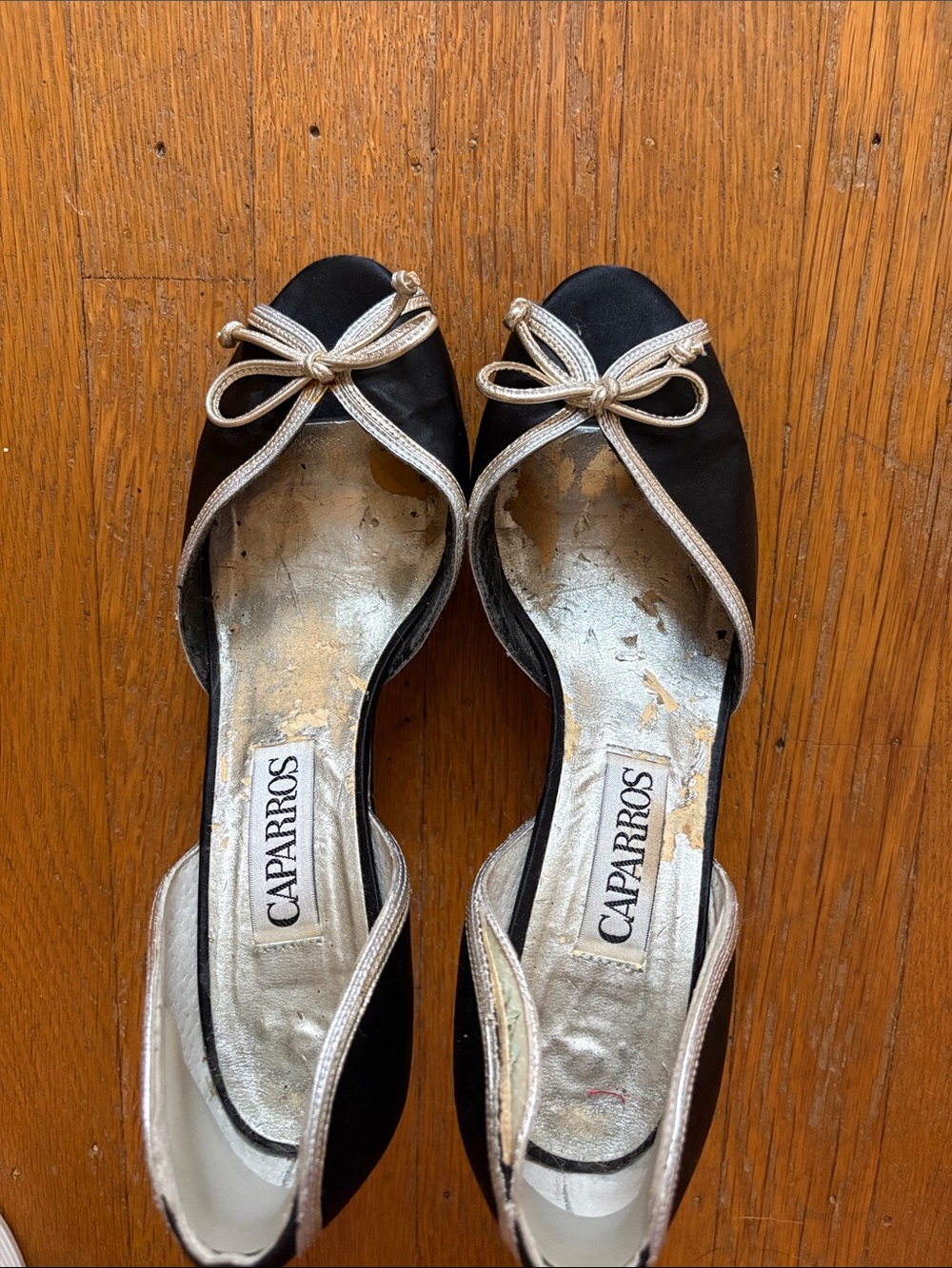 Caparros Black Satin Mules with Silver Trim and Bow